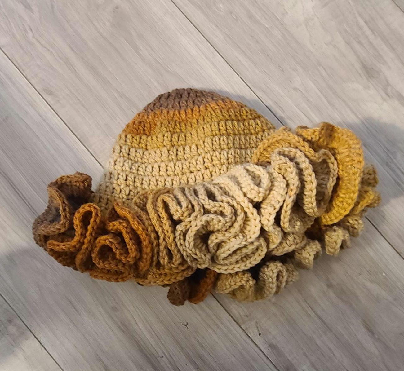 Ruffle crochet beanie (DEEP Wave) ruffled bennie, (full latte stripes)