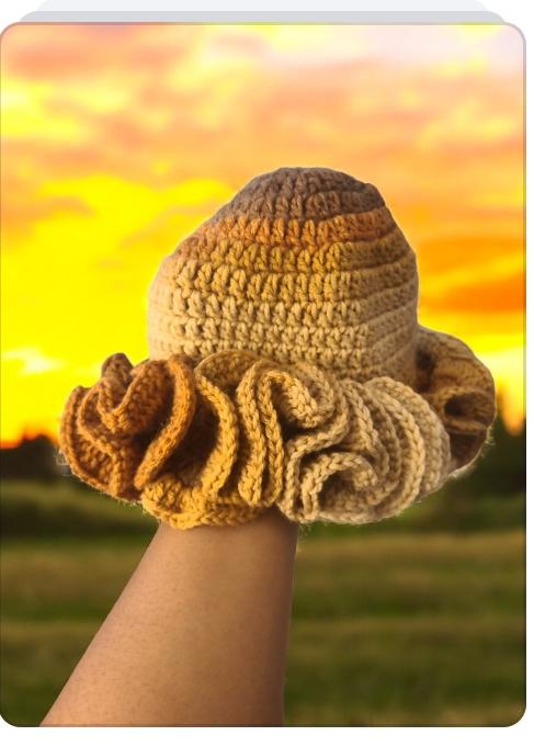 Ruffle crochet beanie (DEEP Wave) ruffled bennie, (full latte stripes)